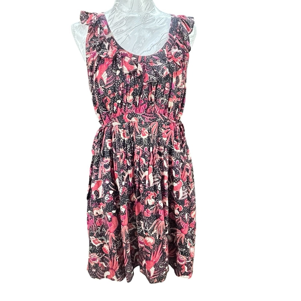 French Connection Sz 6 Floral‎ Mini Dress Side Ties Ruffle Neckline Cottagecore